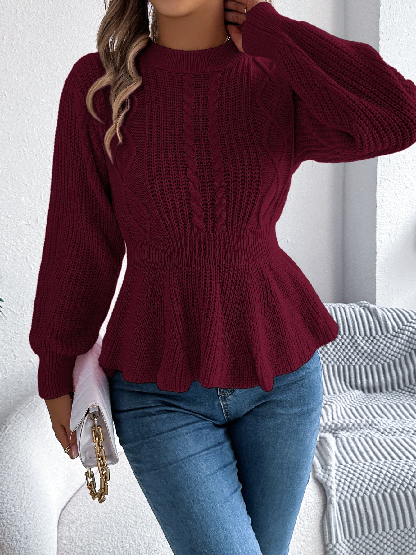Autumn Winter Solid Color Twist Waist Trimming Ruffles Long Sleeve Pullover Sweater Women Clothing Bella Mia