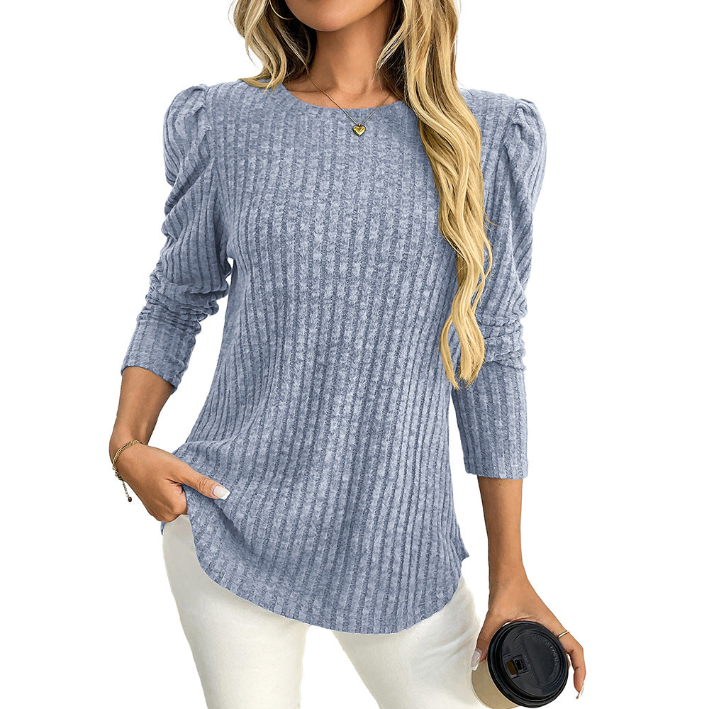 Arrival Women round Neck Puff Sleeve Brushed Sunken Stripe Solid Color Upper Clothes Long Sleeves T shirt Bella Mia