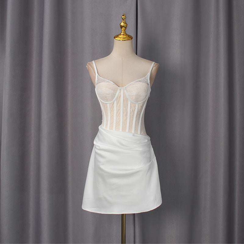 Spring Sexy Sweet Waist Slimming Boning Corset Mesh Splicing Sling Dress Women Bella Mia