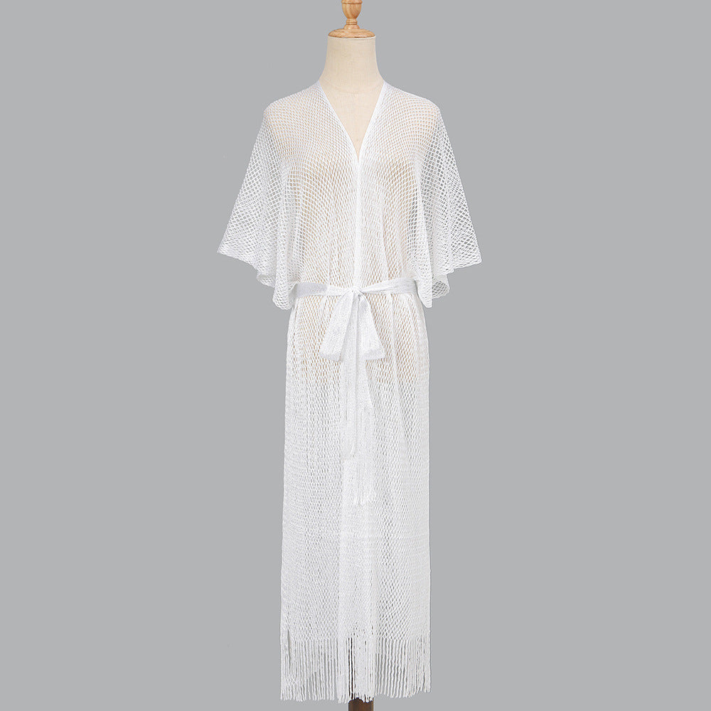 Summer Beach Sun Protection Shirt Gradient Color Lace Up Tassel Beach Cover Up Short Sleeve Knitted Long Cardigan Bella Mia