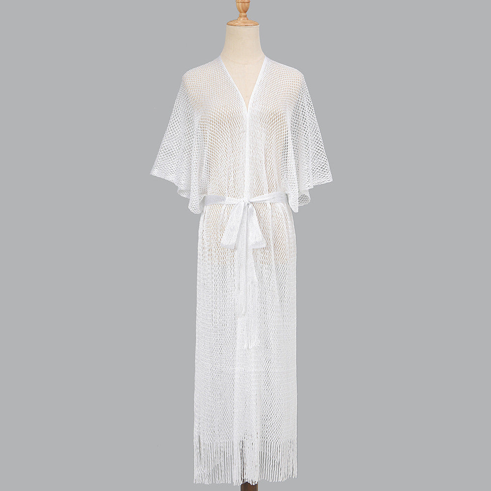Summer Beach Sun Protection Shirt Gradient Color Lace Up Tassel Beach Cover Up Short Sleeve Knitted Long Cardigan Bella Mia