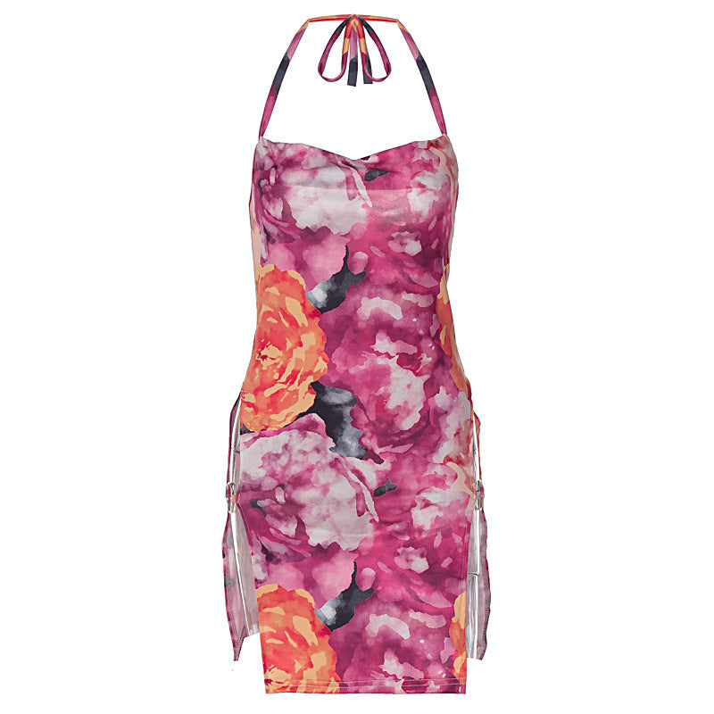 Women Clothing Summer Sexy Lace up Backless Floral Print Slit Dress Bella Mia