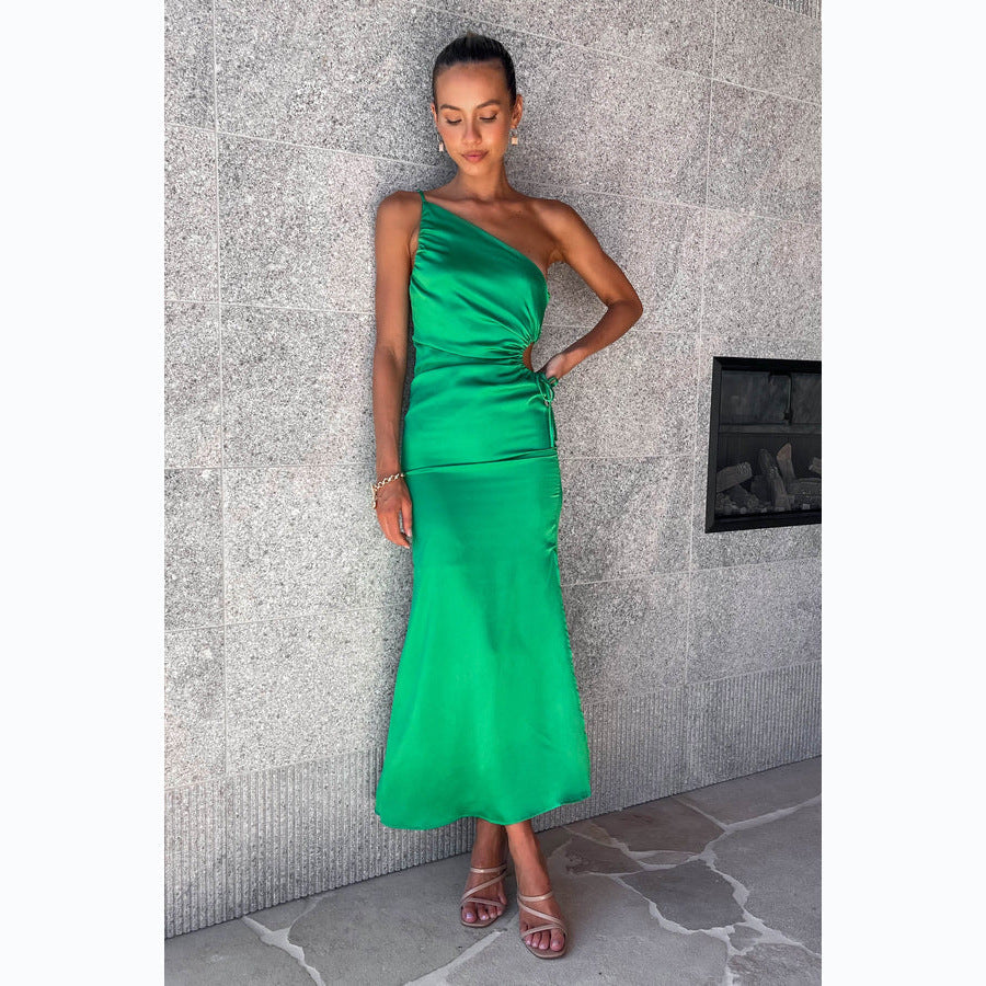 Summer Satin Sexy Oblique Shoulder Strap Dress Bella Mia