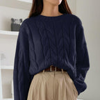 Autumn Winter Women Cable Knit Pullover Sweater Loose round Neck Solid Color All Matching Trendy Knitwear Top Bella Mia