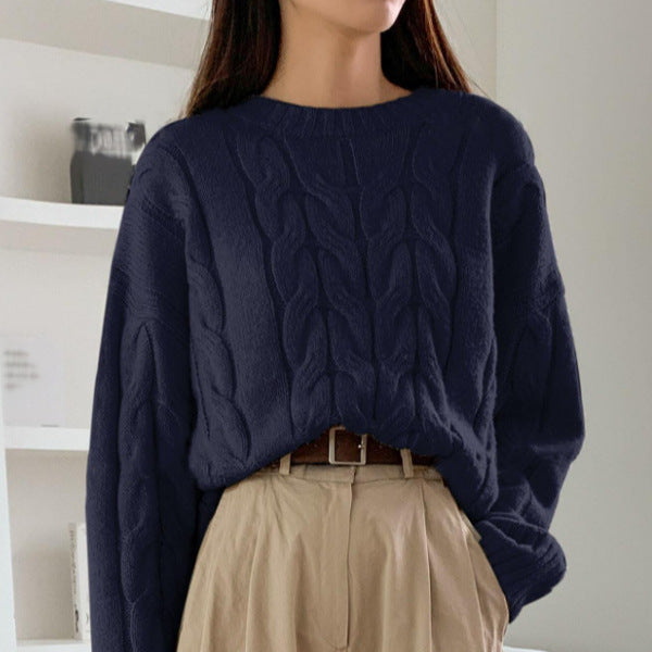 Autumn Winter Women Cable Knit Pullover Sweater Loose round Neck Solid Color All Matching Trendy Knitwear Top Bella Mia