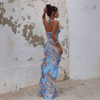 Summer Sexy Slim Print Lace up Sleeveless Hip Lotus Leaf Split Dress Bella Mia
