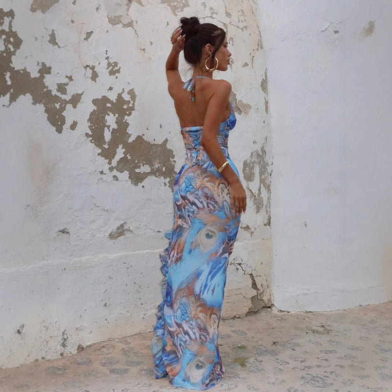 Summer Sexy Slim Print Lace up Sleeveless Hip Lotus Leaf Split Dress Bella Mia