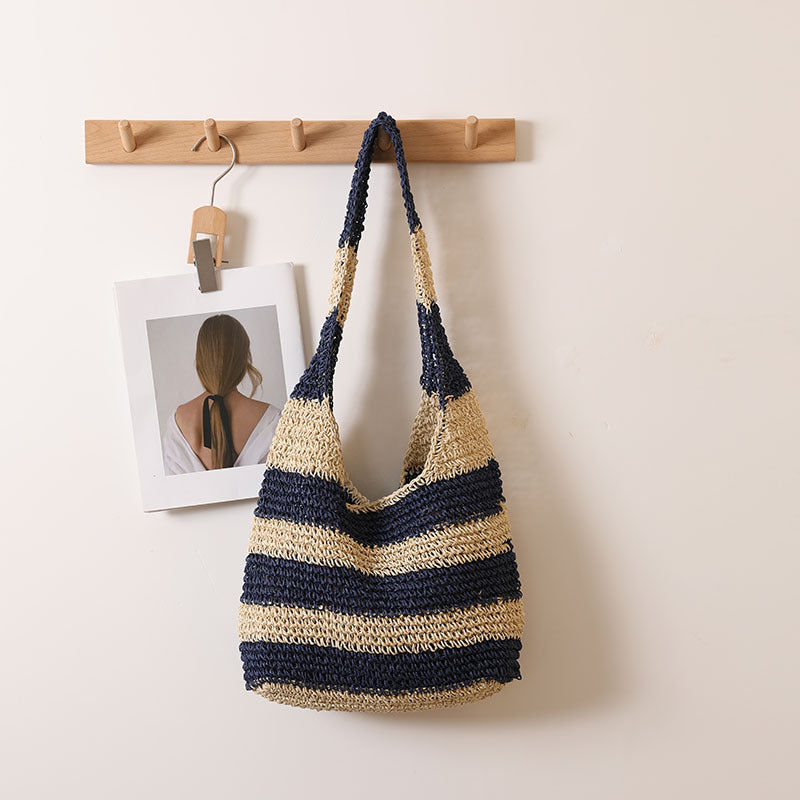 Large Capacity Striped Shoulder Straw Bag Hand Crocheted Straw Bag Woven Bag Seaside Vacation Beach Bag Bella Mia