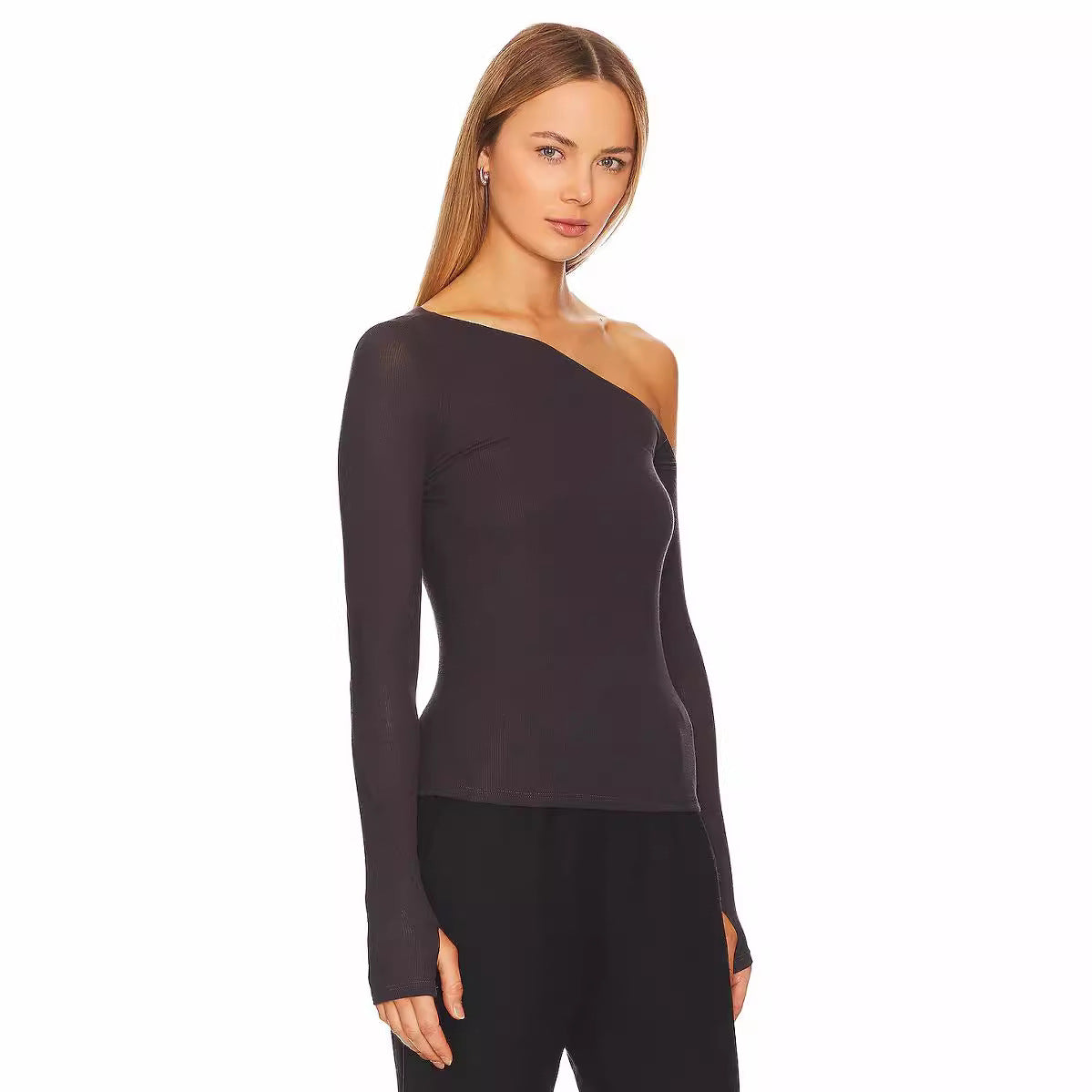 Slant Shoulder T shirt Shein Popular Slim Slimming Thumb Hole Long Sleeve Top Fall Women Clothing Bella Mia