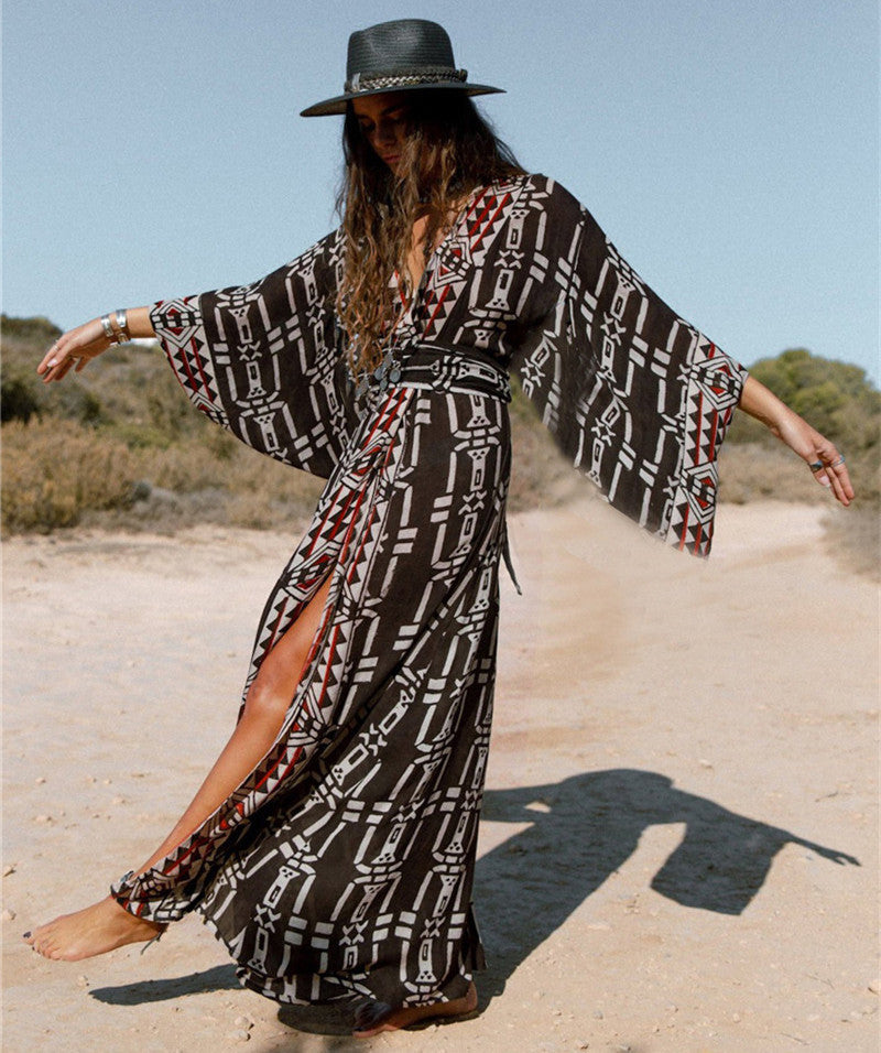 Rayon Positioning Printing Beach Cover-up Sexy Cardigan Loose Vacation Sun Protection Shirt Dress Bella Mia