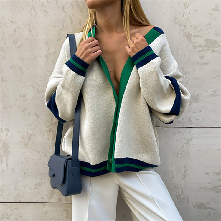 Contrast Color Cardigan Loose Casual Autumn Winter Sweater Women Striped Simple Knitted Sweater Coat Bella Mia