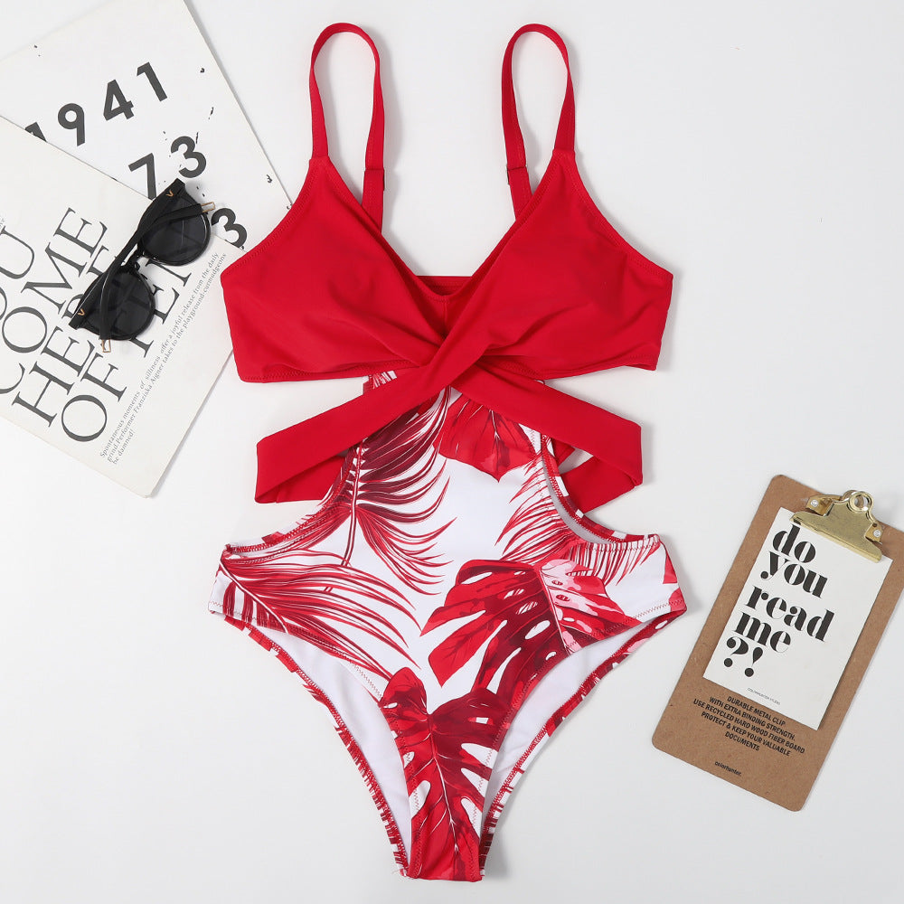 One-Piece Leaf-Shaped Floral Color Matching Women Swimsuit Lace-up Sexy Triangle Bikini Bella Mia
