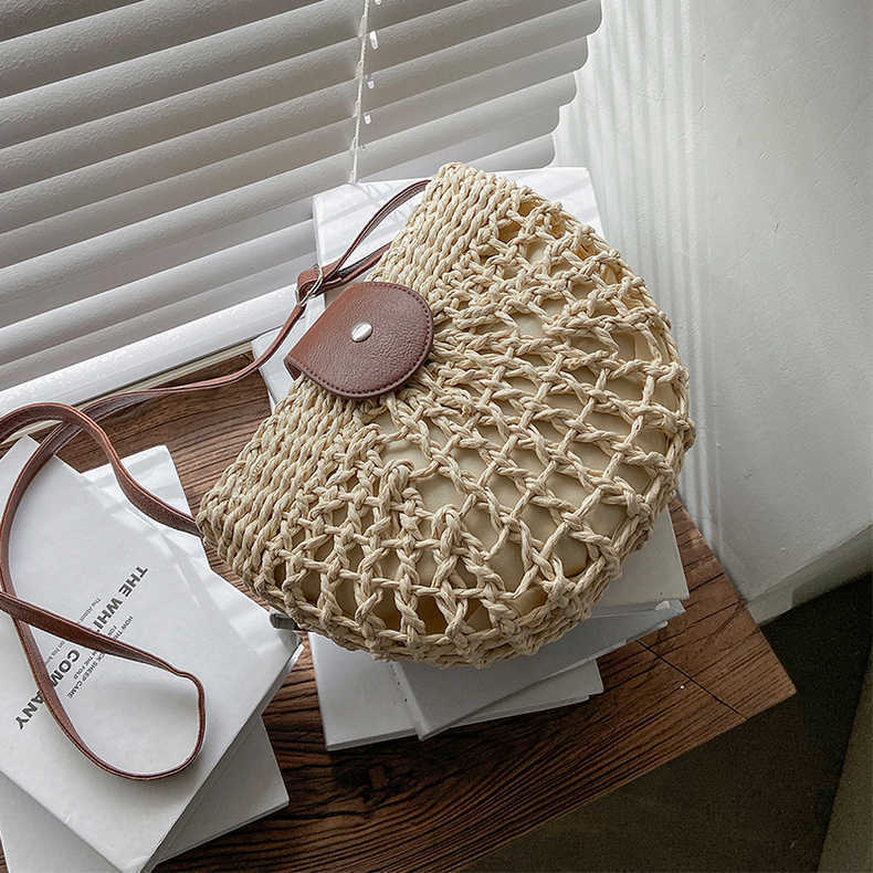 Fresh Hollow Out Cutout Semicircle Straw Bag Shoulder Crossbody Casual Straw Bag Woven Bag Vacation Beach Bag Bella Mia