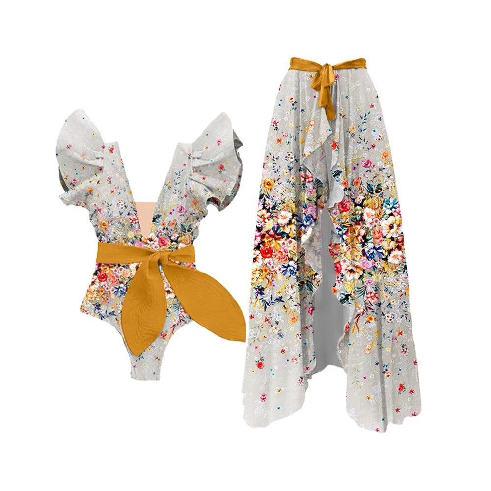 Bow Printing One Piece Women Swimwear French Retro Cover Belly Slimming Swimsuit Bella Mia