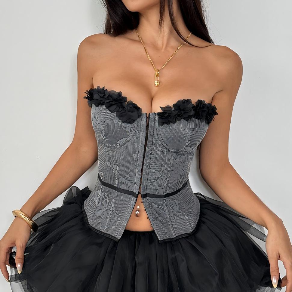 Sweet Spicy Tube Top Three Dimensional Floral Embroidery Lace Stitching Strap Boning Corset Top Bella Mia