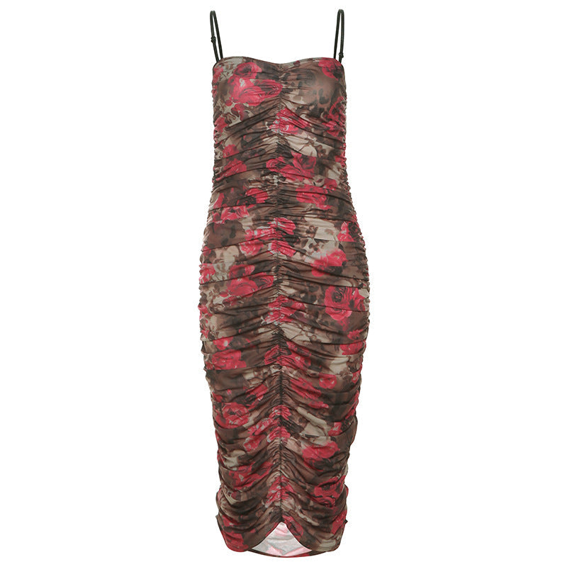 Autumn Women Clothing Retro Sexy Backless Pleated Suspender Printing Dress Bella Mia