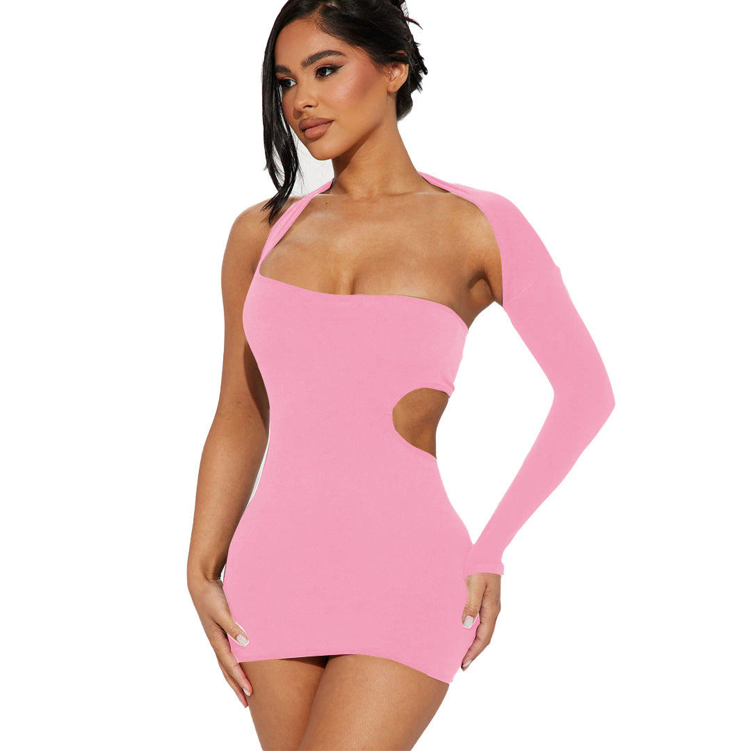 Solid Color One Shoulder Long Sleeve Dress Autumn Sexy Slim Fit Irregular Asymmetric Hip Wrapped Dress Bella Mia