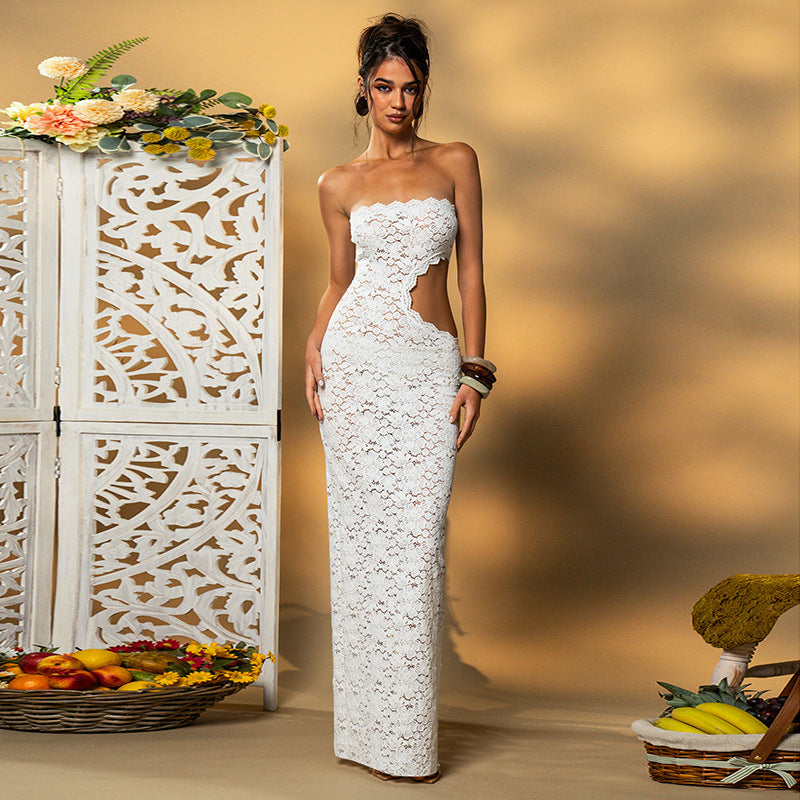Women Clothing Solid Color Sleeveless Backless Lace Hollow Out Cutout out Slim Fit Dress Bella Mia