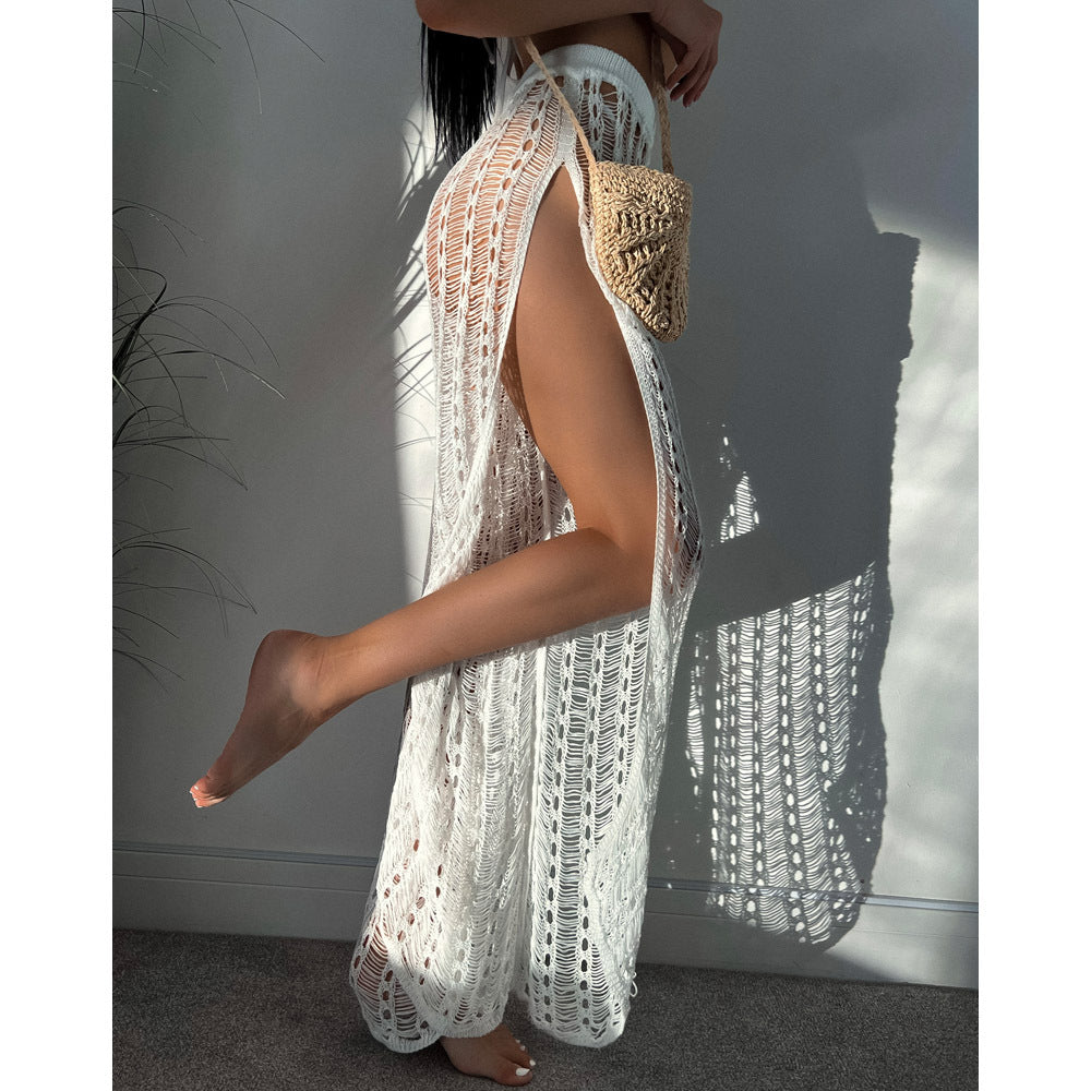 Vacation Sexy See through Mesh Hollow Out Split Strap Knitted Mop Beach Pants Women Bella Mia