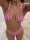 Striped Printed Bikini Triangle Cup Lace up Sexy Backless Split Bikini Swimsuit