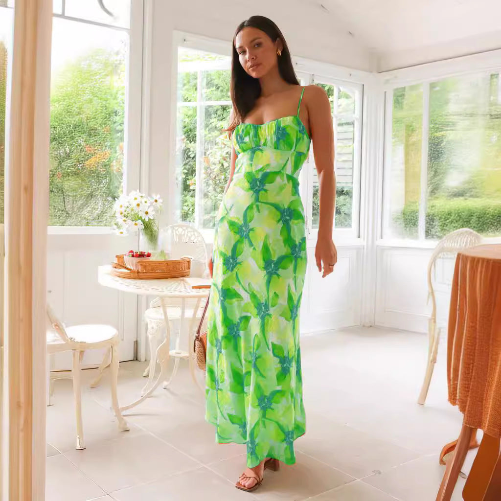 Fresh Sweet Summer Floral Print Backless Mid Length Dress