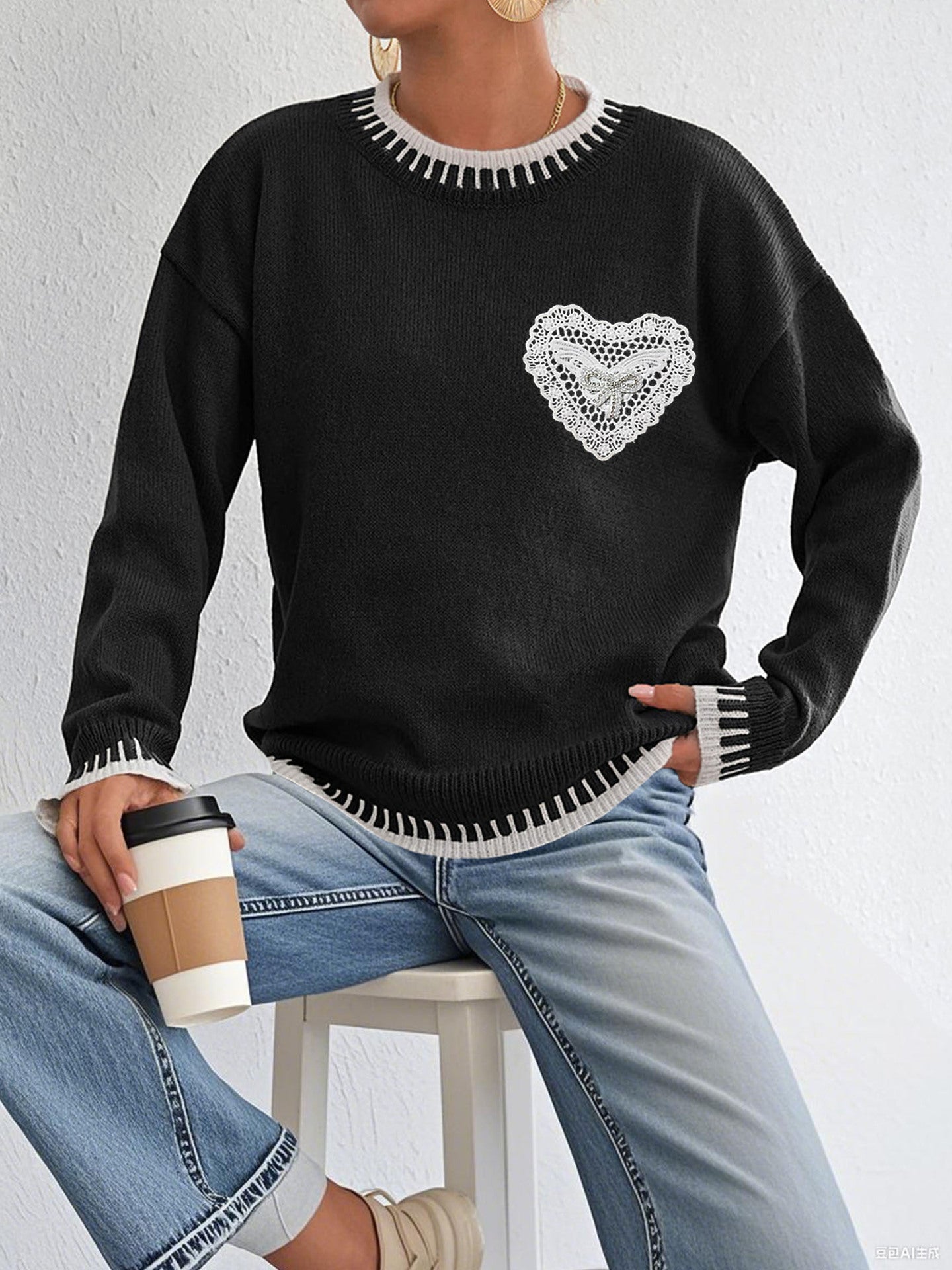Autumn Winter Women Clothing Color Contrast Patchwork Loose Sweater Three Dimensional Bright Brick Butterfly Lace Love Pocket Bella Mia