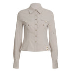 Autumn Pocket Stitching Breasted Collared Shirt Tooling Sexy Waist Controlled Slimming Long Sleeve Cardigan Top Women Bella Mia