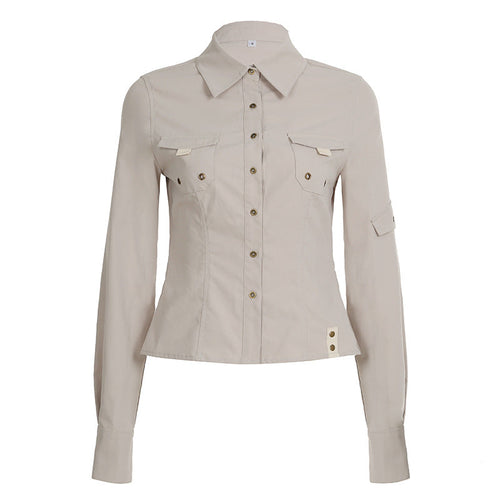 Autumn Pocket Stitching Breasted Collared Shirt Tooling Sexy Waist Controlled Slimming Long Sleeve Cardigan Top Women Bella Mia