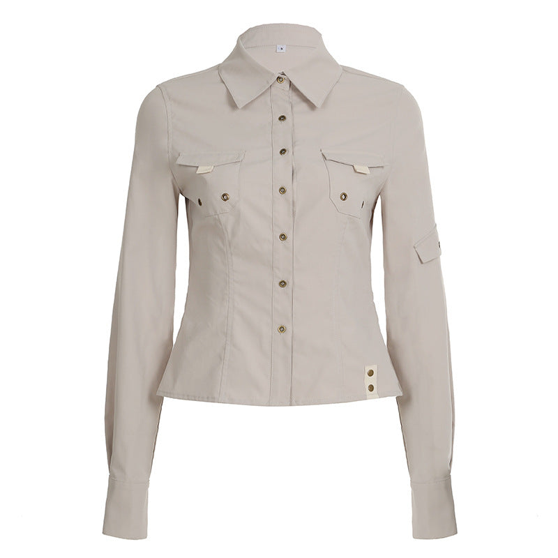 Autumn Pocket Stitching Breasted Collared Shirt Tooling Sexy Waist Controlled Slimming Long Sleeve Cardigan Top Women Bella Mia