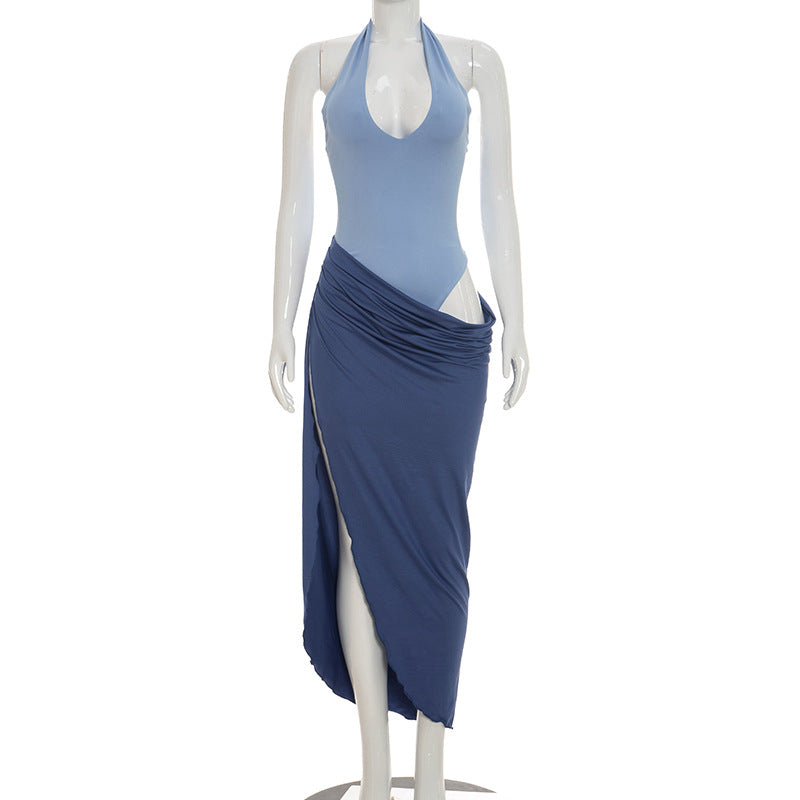 Women Clothing Summer Solid Color Faux Two Pieces Casual Contrast Color Halter Slit Sleeveless Dress