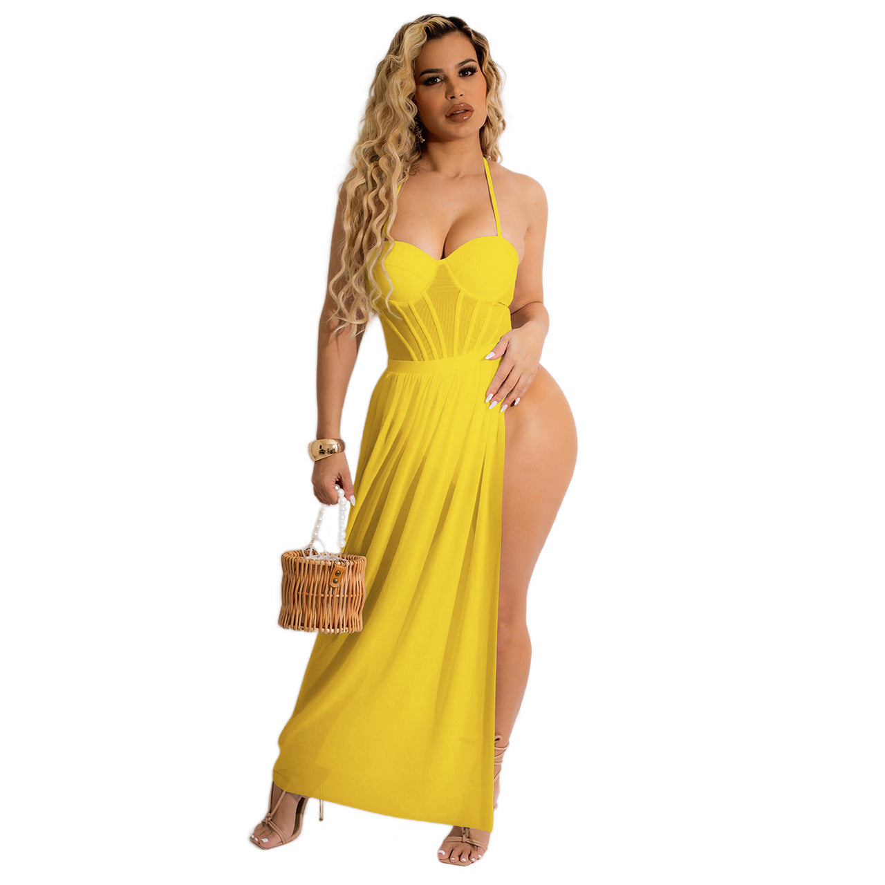 Women Clothing Summer Vacation Spaghetti Straps Cluster Swimsuit Chiffon Women Two Piece Overskirt Suit Bella Mia