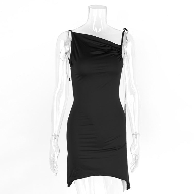 Women Clothing Summer Sexy Backless Irregular Asymmetric Pleated Straps Diagonal Collar Dress Bella Mia