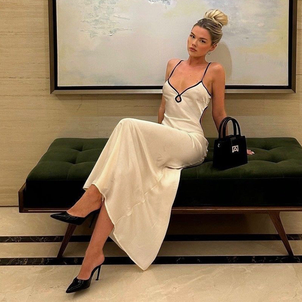Spring Summer Sexy Women Clothing Dress Contrast Color Slim Fit Backless Halterneck with Suspenders Hip Dress Bella Mia