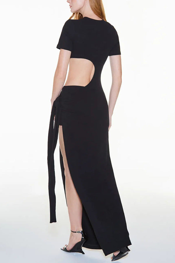 Spring Summer Backless Lace up Slim Fit Sexy Slit Solid Color Street Dress Bella Mia