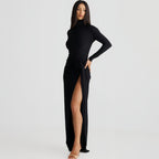 Autumn Women High Collar Backless Long Sleeves Jumpsuit Sexy Slit Dress Bella Mia