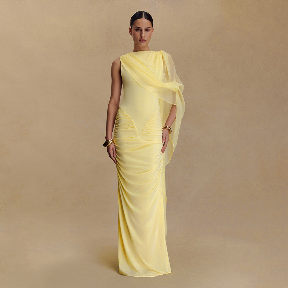 Fashionable Pleated Mesh Shawl Dress Sexy Sheath round Neck Slim Dress Bella Mia