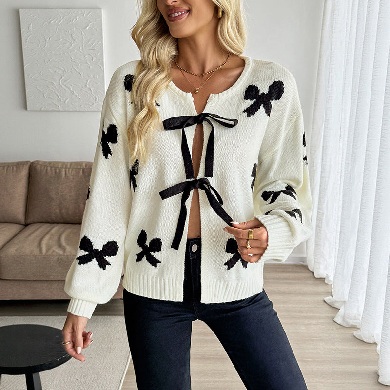 Sweet Design Lace up Bow Pattern Women Sweater Cardigan Bella Mia
