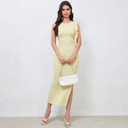 Popular Milk Silk Sexy Elegant Side Slit Design Shoulder Ribbon Dress Bella Mia
