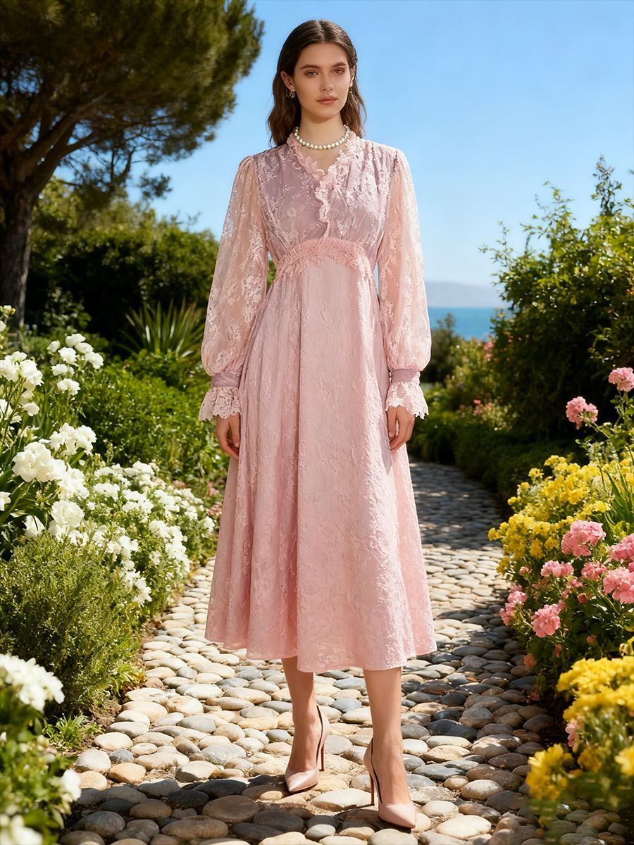 Lace Long Sleeve Elegant Dress Autumn High Sense V neck Waist Controlled Slimming Dress Women Bella Mia