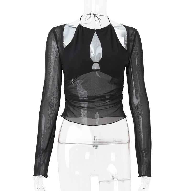 Summer Women Mesh Stitching Hollow Out Cutout Irregular Asymmetric Slim Fit Slimming Long Sleeve Top Bella Mia