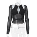 Summer Women Mesh Stitching Hollow Out Cutout Irregular Asymmetric Slim Fit Slimming Long Sleeve Top Bella Mia