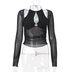 Summer Women Mesh Stitching Hollow Out Cutout Irregular Asymmetric Slim Fit Slimming Long Sleeve Top Bella Mia