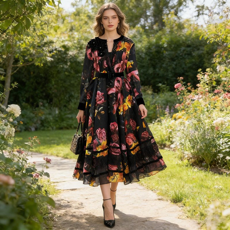 Spring High Grade Printed V neck Dress Tight Waist Slimming Flared Sleeves Stitching Lace Dress Women Bella Mia