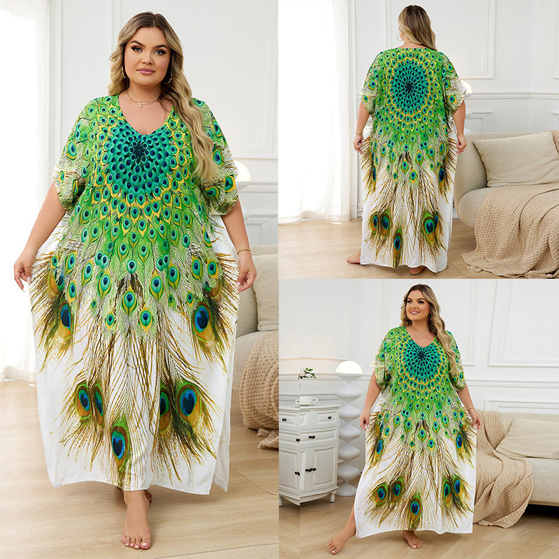Rayon Positioning Print Holiday Loose Robe Beach Jacket Dress Bikini Cover up Blouse Bella Mia