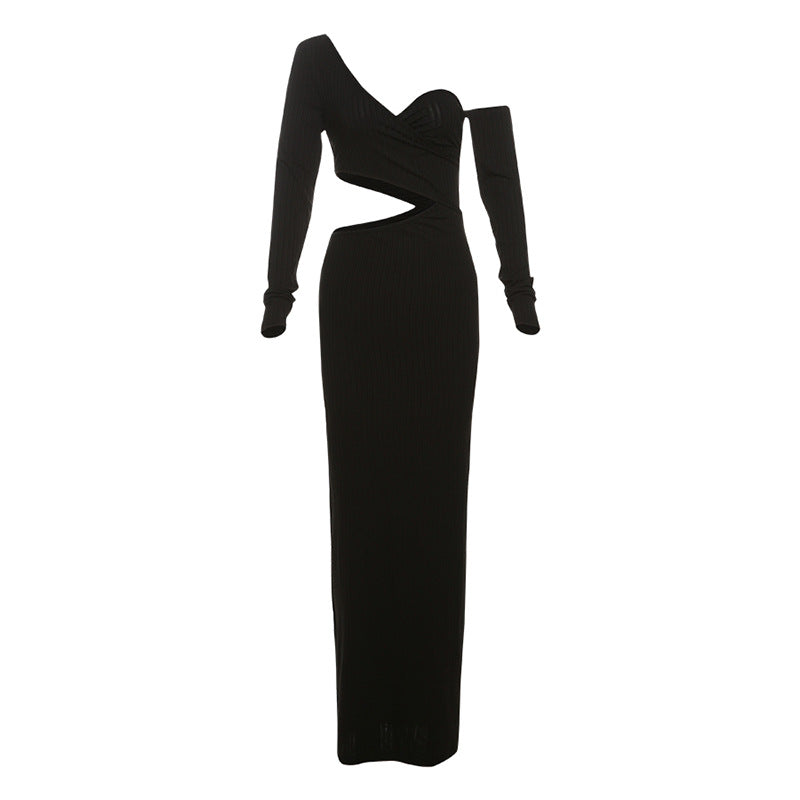 Fall Women Clothing Long Sleeve Diagonal Collar Sexy Cutout Slim Fit Hip Wrapped Dress Bella Mia