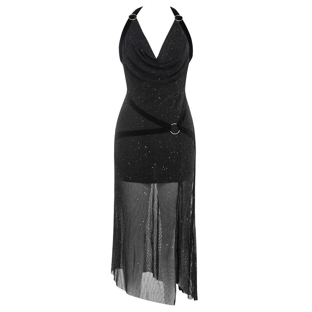 Dress Simple Sexy Halter Bright Silk Sleeveless Slim Fit Slit Dress Women Dress Bella Mia