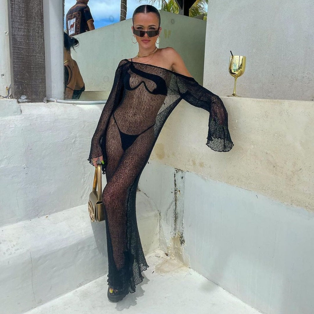 Summer See through Sexy Vacation Blouse Bare Back Solid Color Long Sleeve Knitted Dress Women Clothing Bella Mia