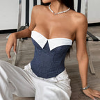 Plaid Stitching Contrast Color Office Niche Wear Sexy Lacing Backless Boning Corset Tube Top Bella Mia