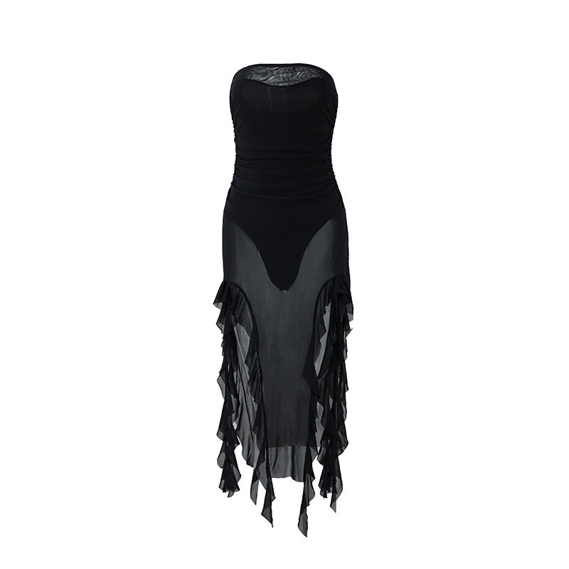 Women Clothing Summer Sexy Tube Top See through Korean Net Stitching Jellyfish Lace Dress