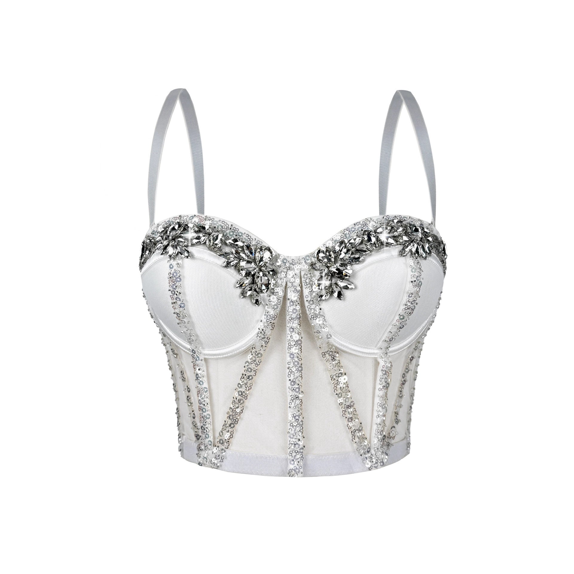 Rhinestone Mesh Boning Corset Bra Semi-Transparent Sexy Slimming Sling Bandeau Slim Fit Rhinestone Boning Corset Top Stage Bella Mia